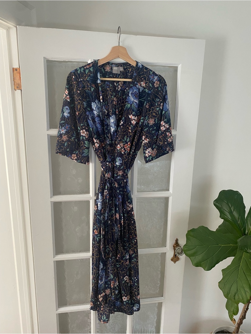 ASOS Navy Blue Floral Wrap Midi Dress with Tie Waist